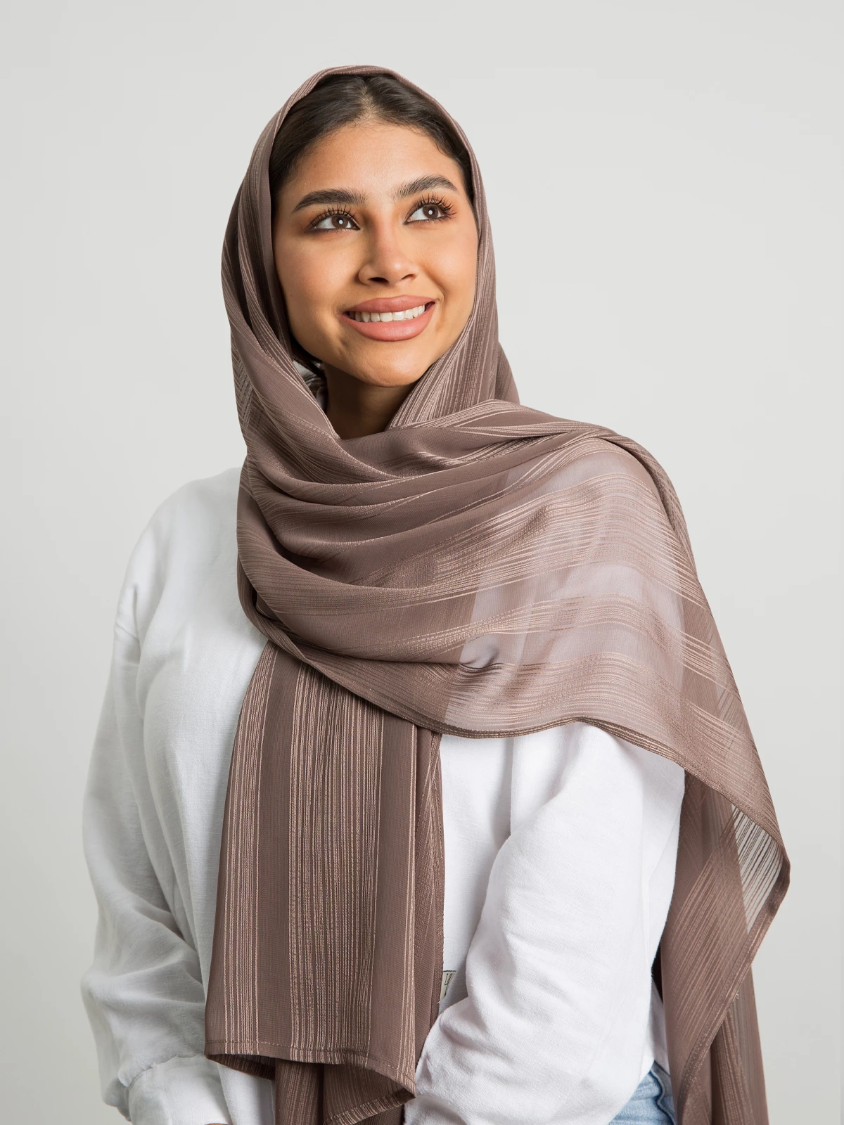 Brown plain bundled stripes soft chiffon laser tarha by kaafmeem hijab for daily wear available in multiple colors