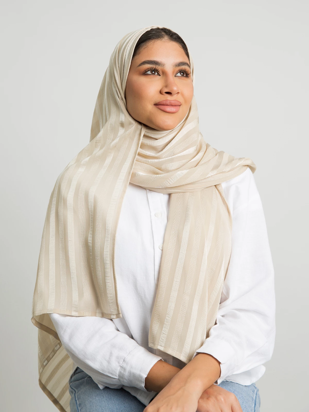 Beige plain wide stripes chiffon laser tarha by kaafmeem hijab for daily wear available in multiple colors