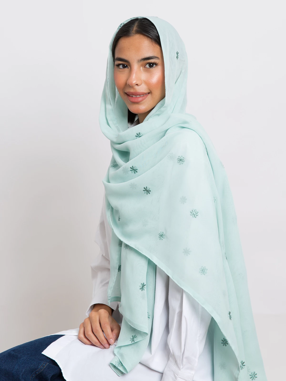 Light Aqua tiny flowers embroidery comfy Japanese voile hijab tarha by kaafmeem for daily wear