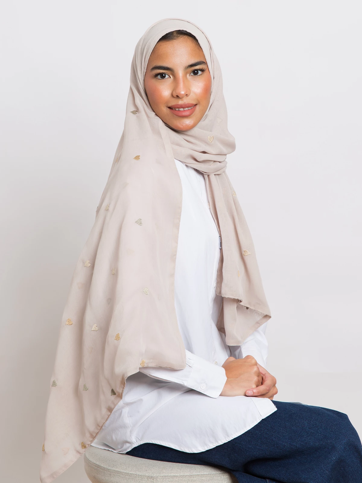 Beige hearts embroidery comfy Japanese voile hijab tarha by kaafmeem for daily wear