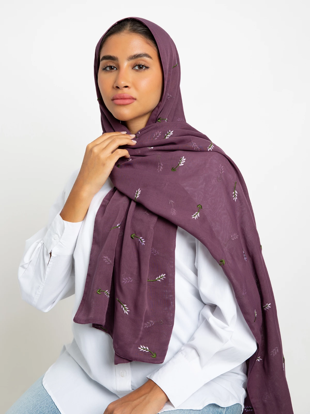 purple lavender embroidery one layer comfy Japanese voile hijab tarha by kaafmeem for daily wear