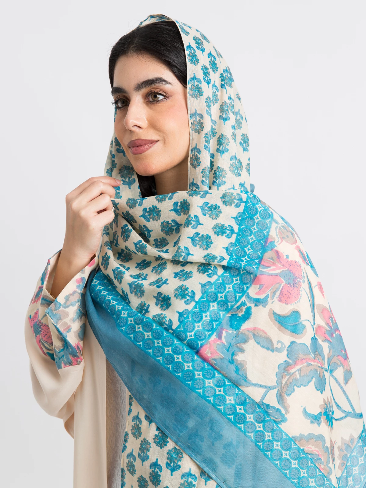 Blue floral prints cotton hijab tarha by kaafmeem for daily wear