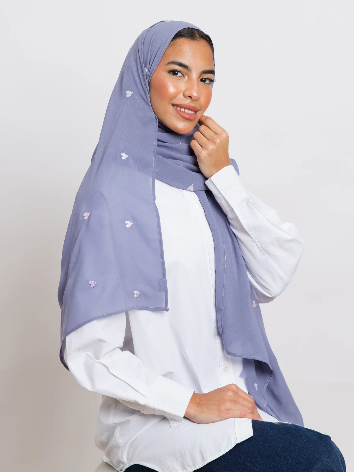 Lavender with hearts embroidery soft and breathable chiffon laser hijab tarha by kaafmeem