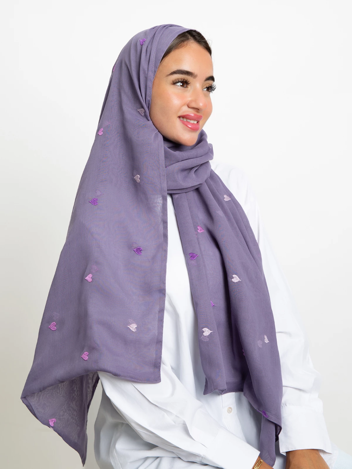 dark purple hearts embroidery double layered comfy Japanese voile hijab tarha by kaafmeem for daily wear