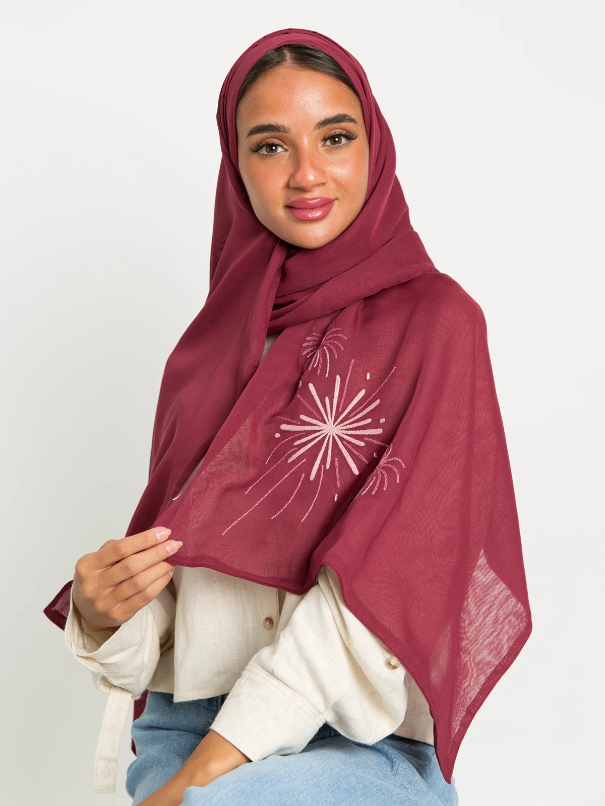 Cherry voile tarha with baby pink and pink fireworks embroidery on the edge hijab by kaafmeem 
