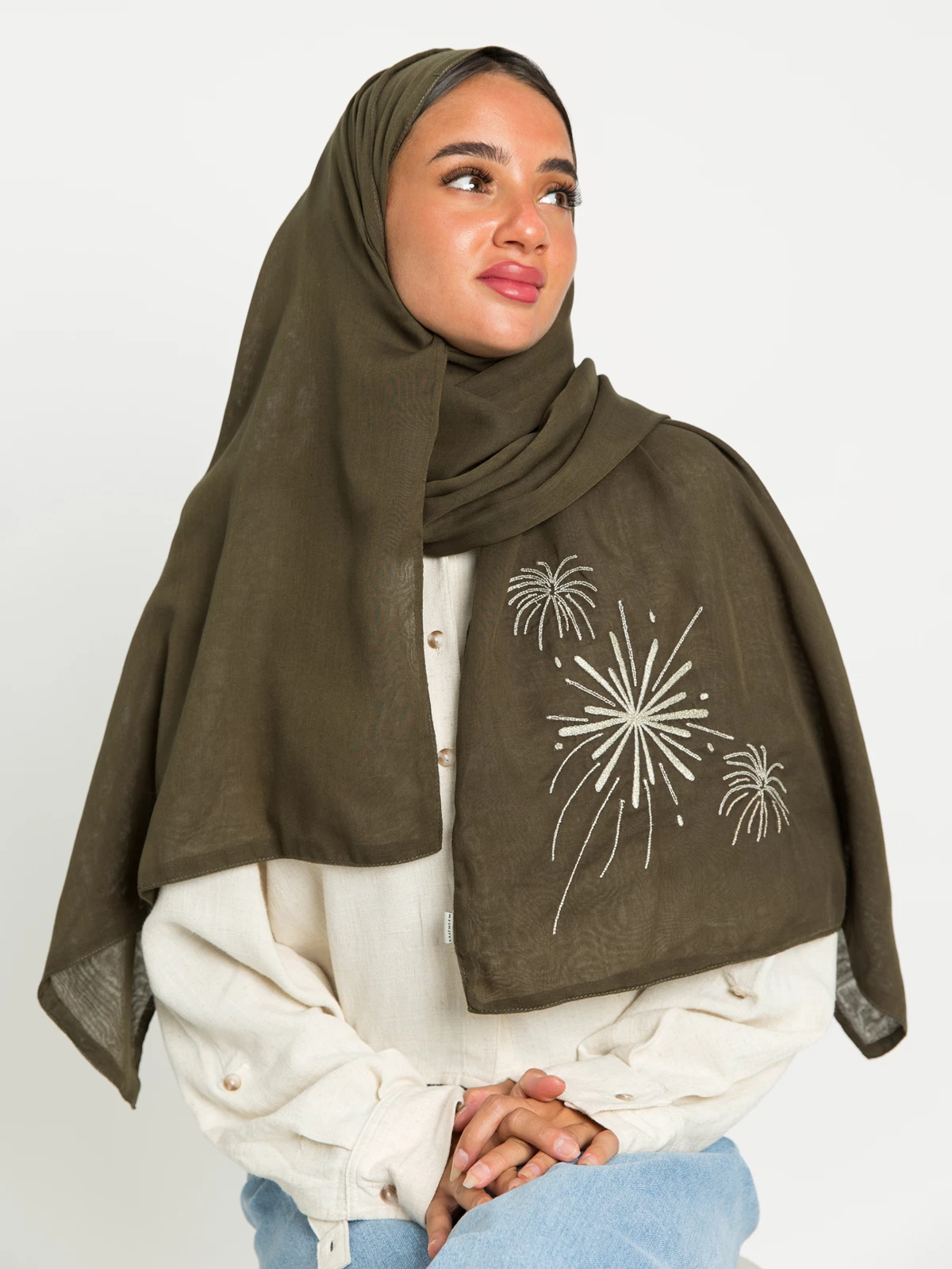 Olive voile tarha with champaign and silver fireworks embroidery on the edge hijab by kaafmeem 