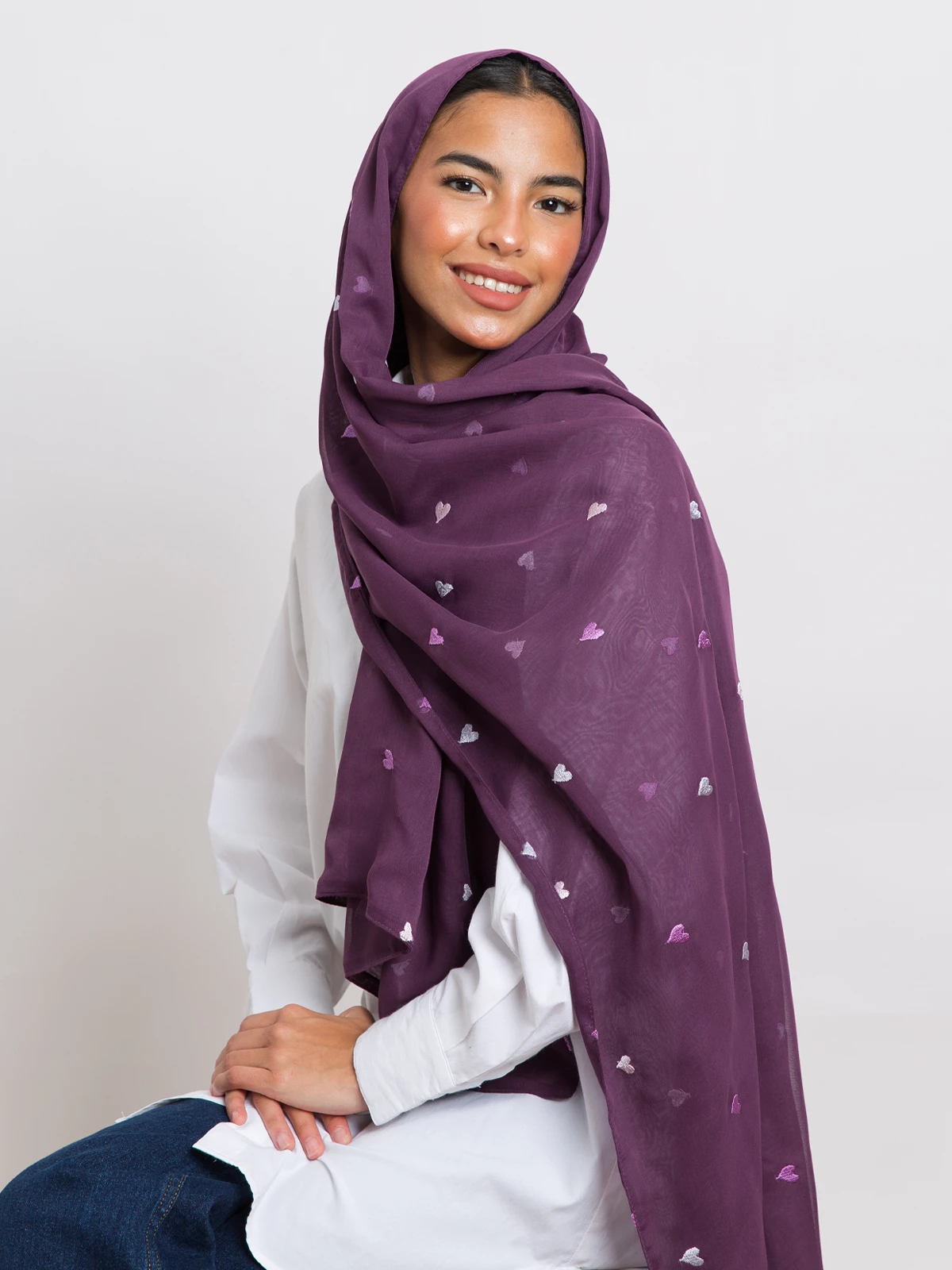 Mauve hearts embroidery double Layered comfy Japanese voile hijab tarha by kaafmeem for daily wear