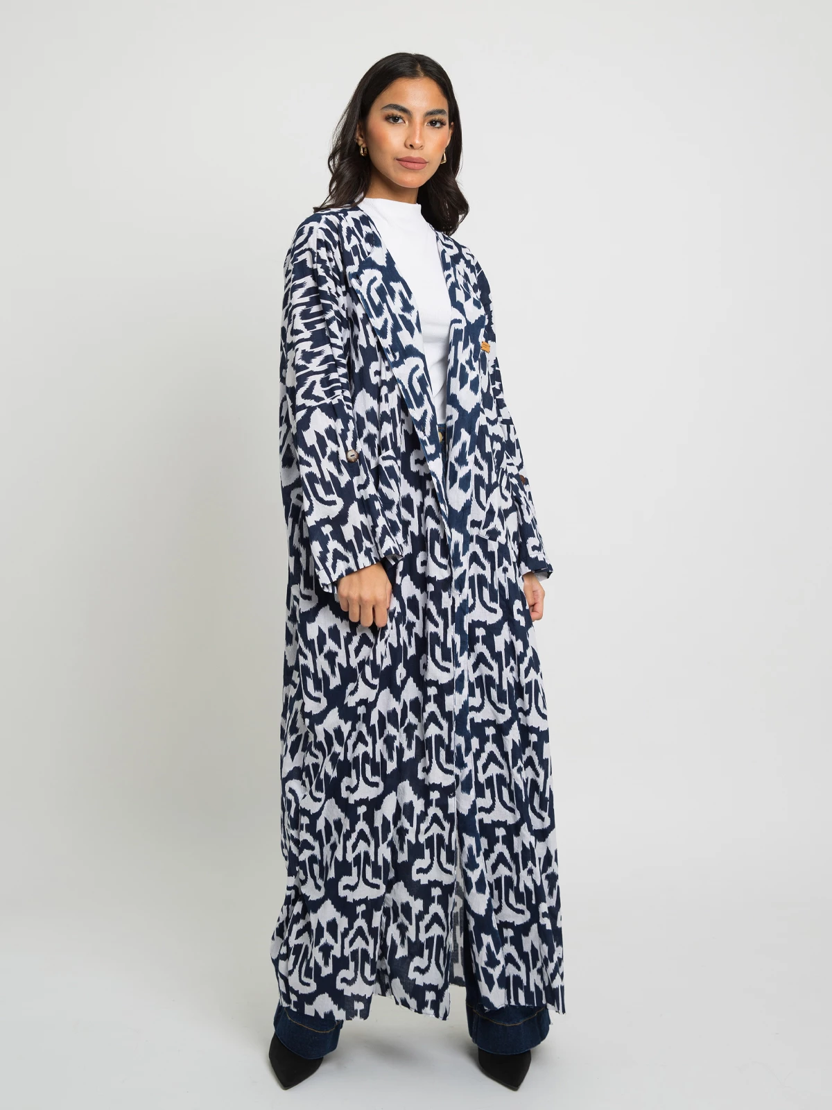 long open hoodie less wide cut fancy printed abaya in cotton 100% fabric with matching hijab by kaafmeem