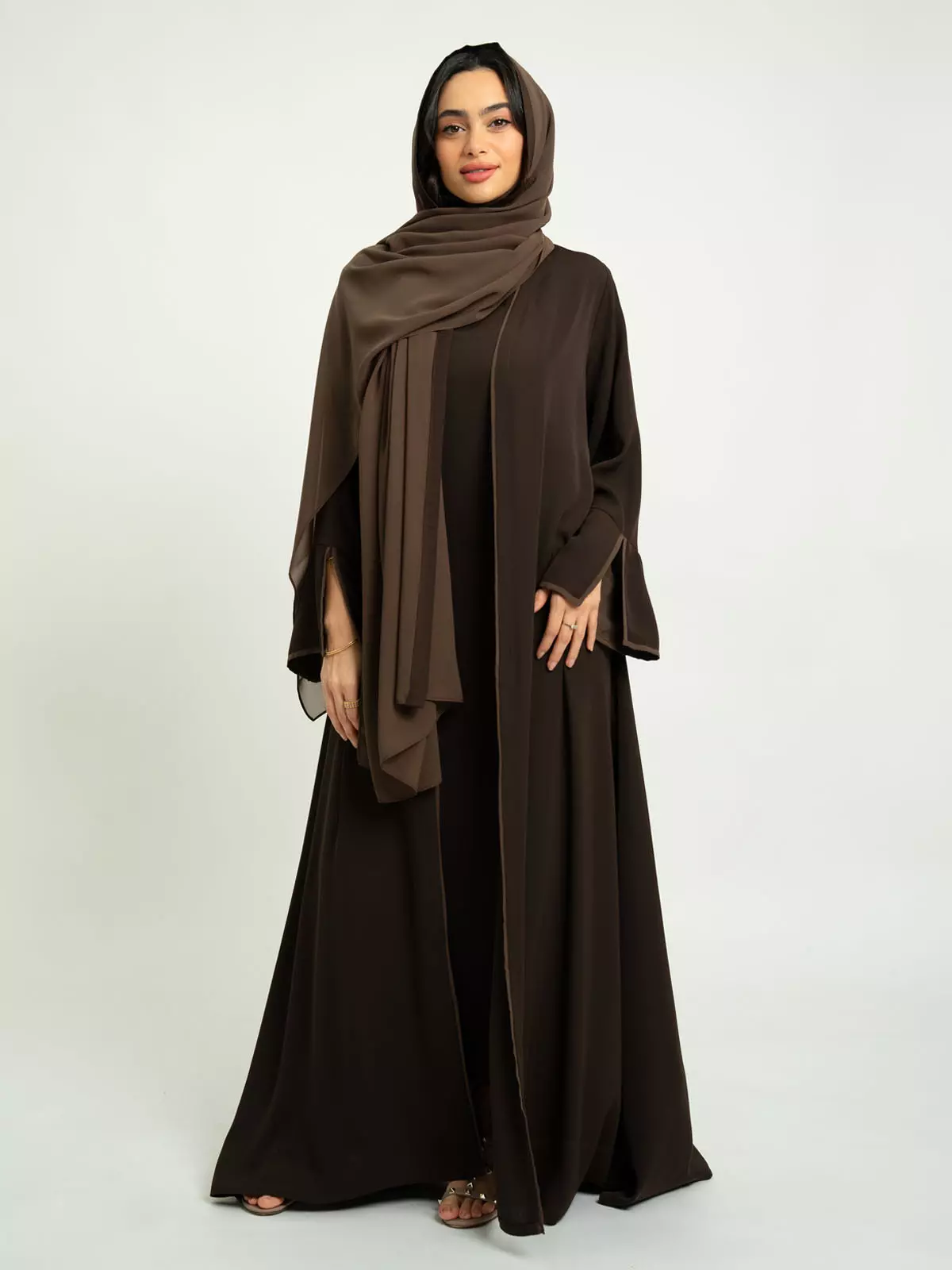 Latest Abayas, Clothing & Tarha Brown A-cut Abaya with Dress Set