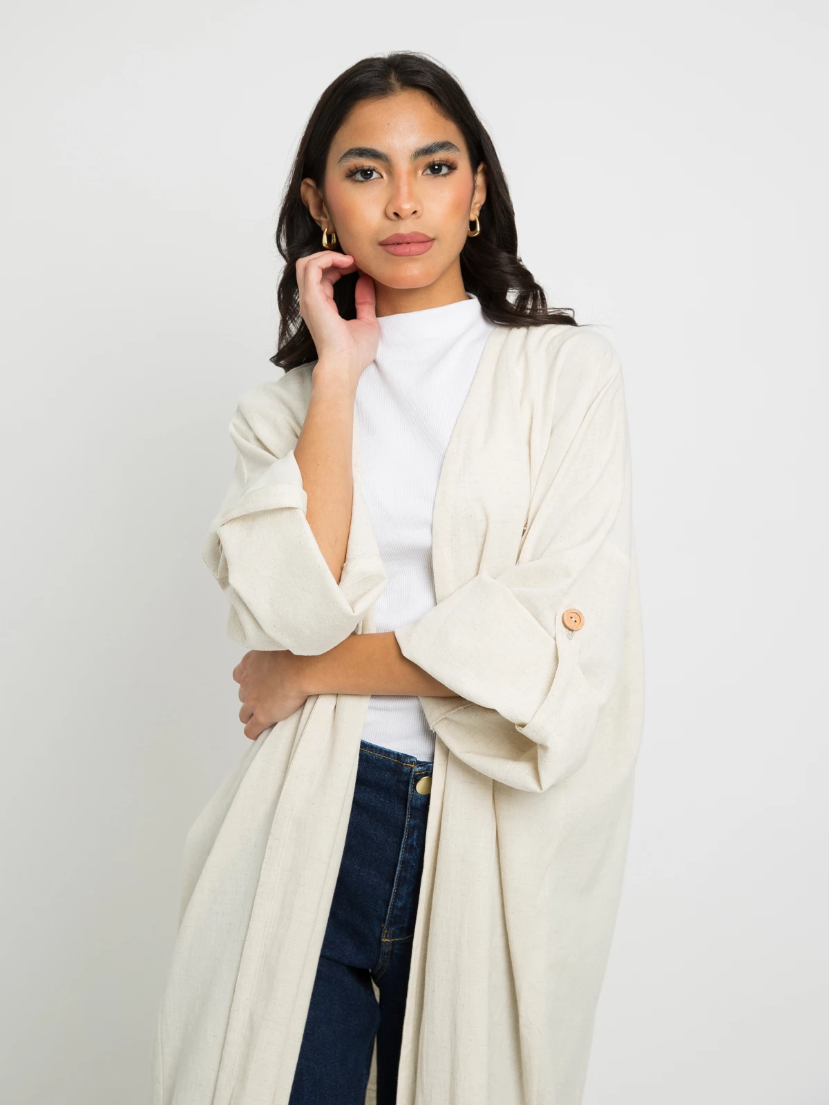 Open long bohemian abaya offwhite color in 100% natural linen fabric for events by kaafmeem
