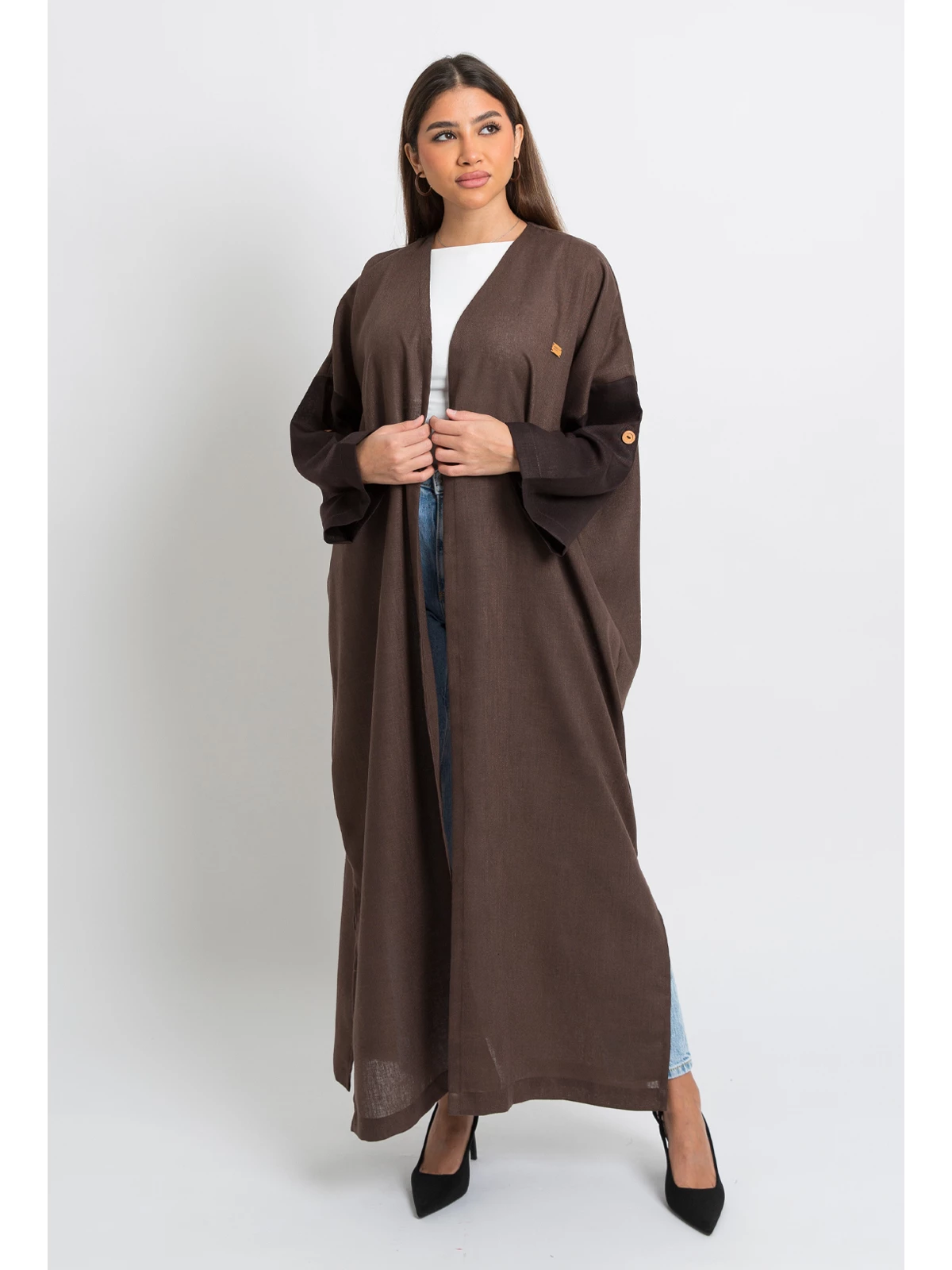 brown open long bohemian abaya in high quality fabric by kaafmeem black friday offers and sale