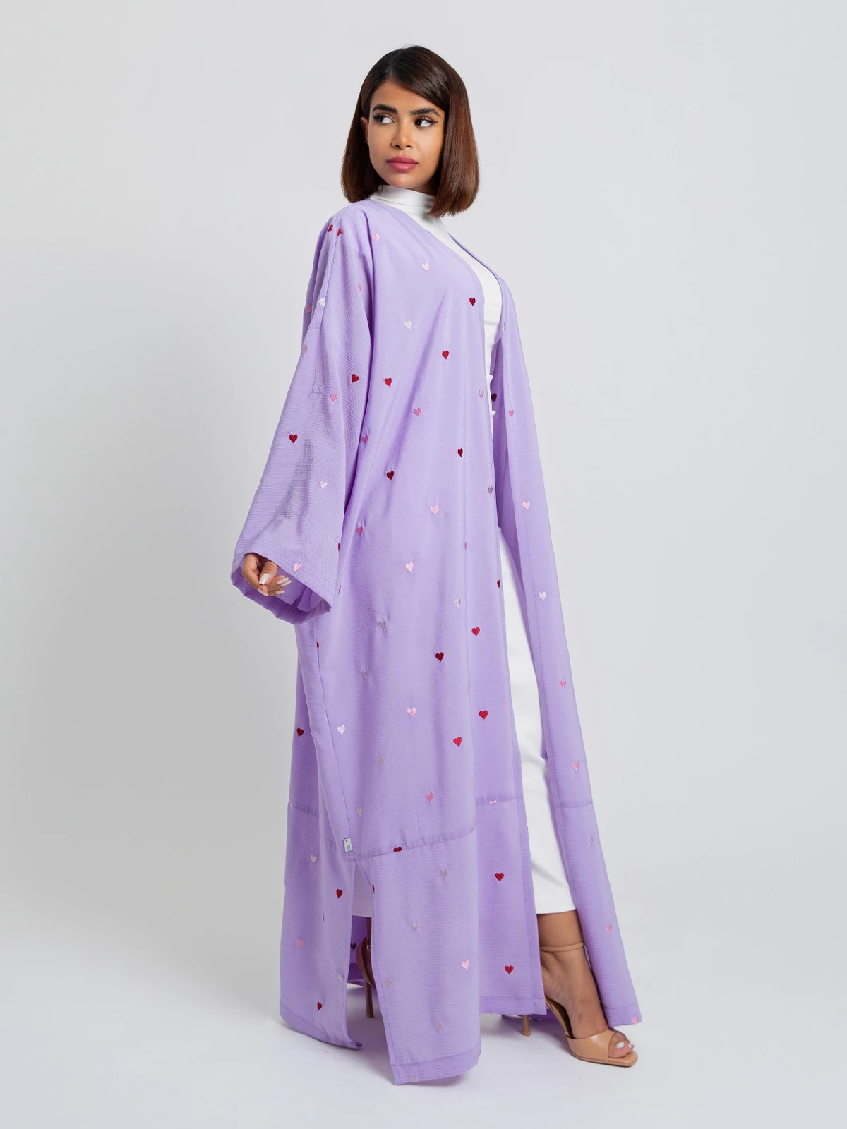 Lavender open long fancy abaya with hearts embroidery in high quality yoryu fabric by kaafmeem for events and occasions