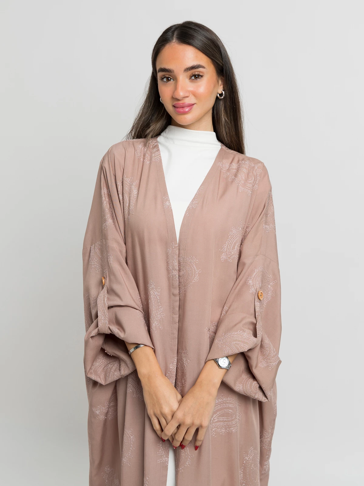 Nude open bandana embroidery bohemian abaya in rayon fabric by kaafmeem ksa offers and sale