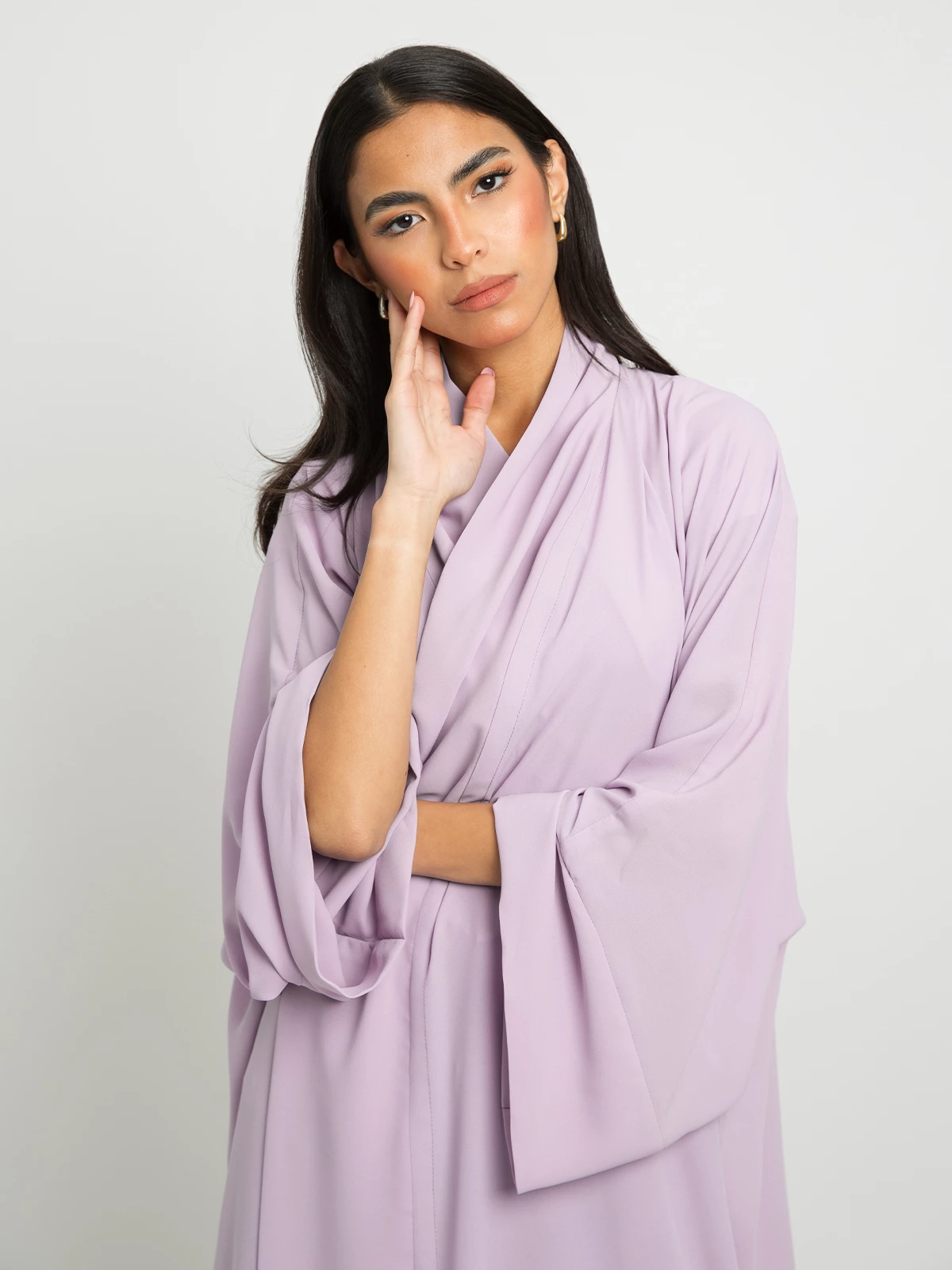 Light purple flowstyle wide fit long open abaya with wide sleeves in soft fabric online by kaafmeem
