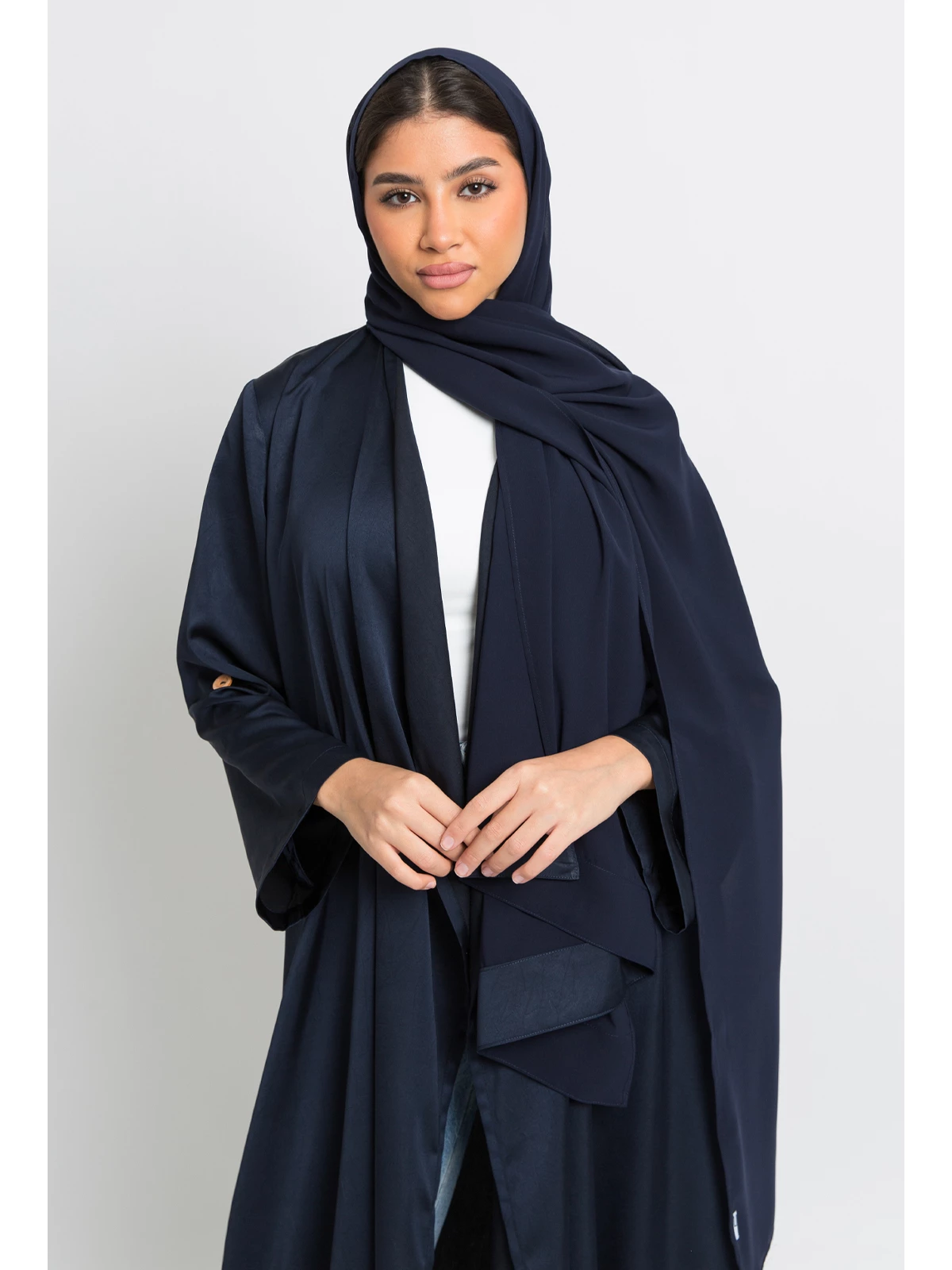 navy open long elegant comfy abaya in crepe satin fabric by kaafmeem black friday offers and sale