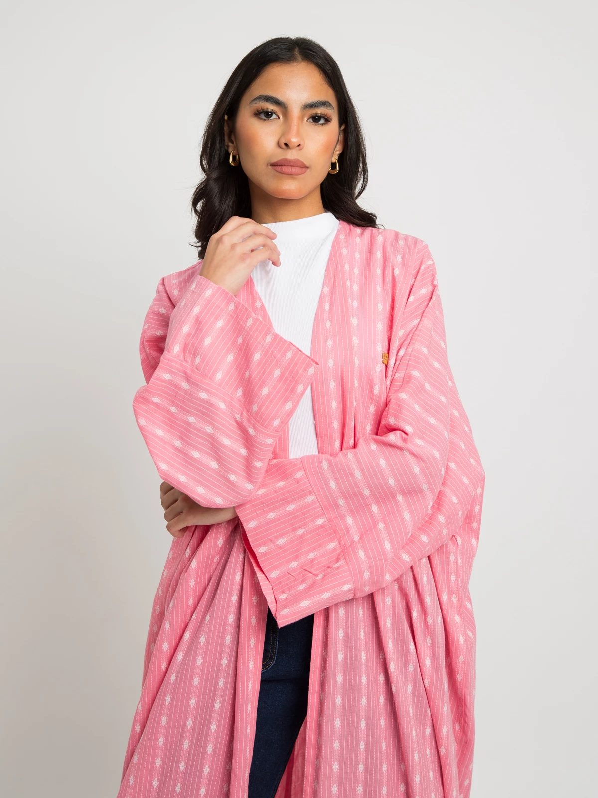 long open pinki wide cut fancy printed abaya in cotton 100% fabric with matching hijab by kaafmeem