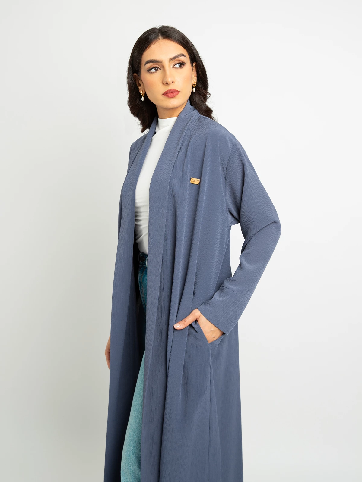 Grayish purple long open practical casual abaya in fancy yoryu fabric by kaafmeem for work and everyday wear 