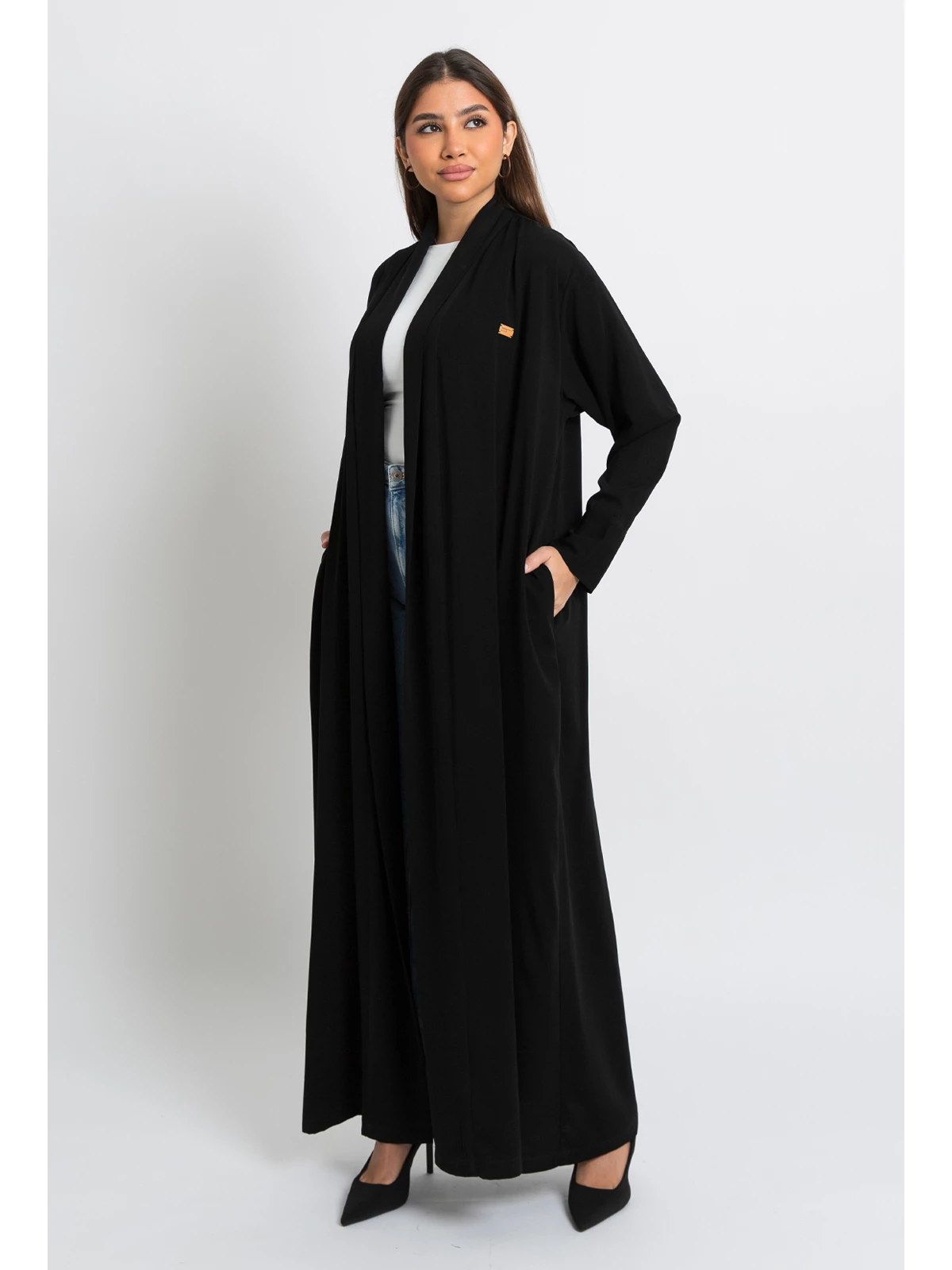 black practical long open abaya in crepe fabric by kaafmeem black friday offers and sale