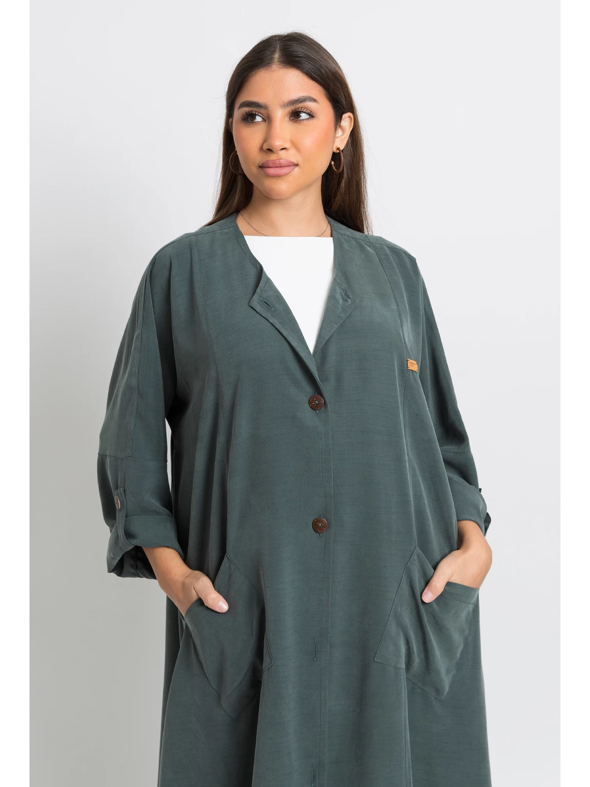 green elegant hoodie less winter abaya in high quality fabric 100% tencel by kaafmeem black friday offers