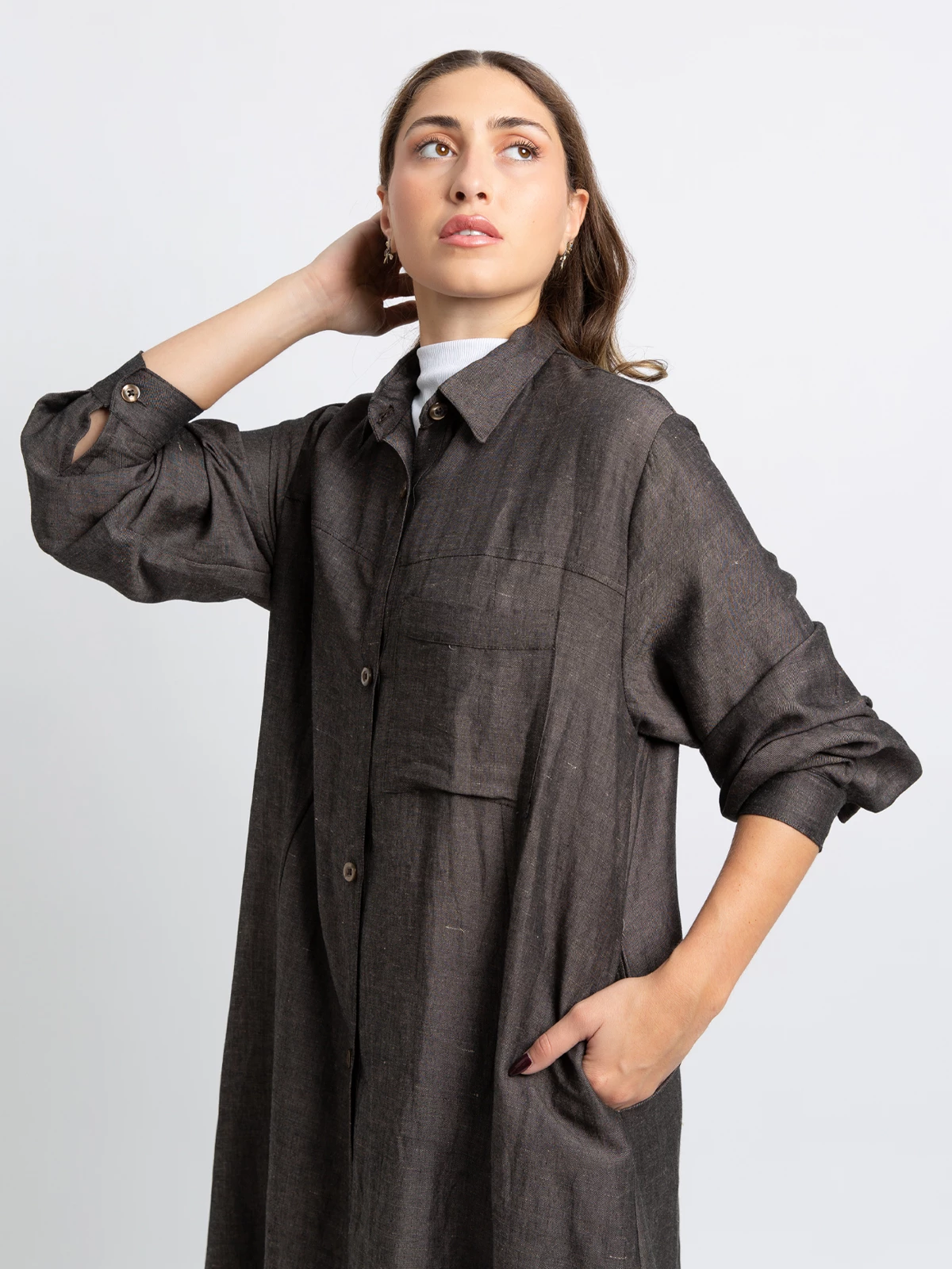 Gray formal shirt abaya in high quality natural linen with viscose fabric by kaafmeem 