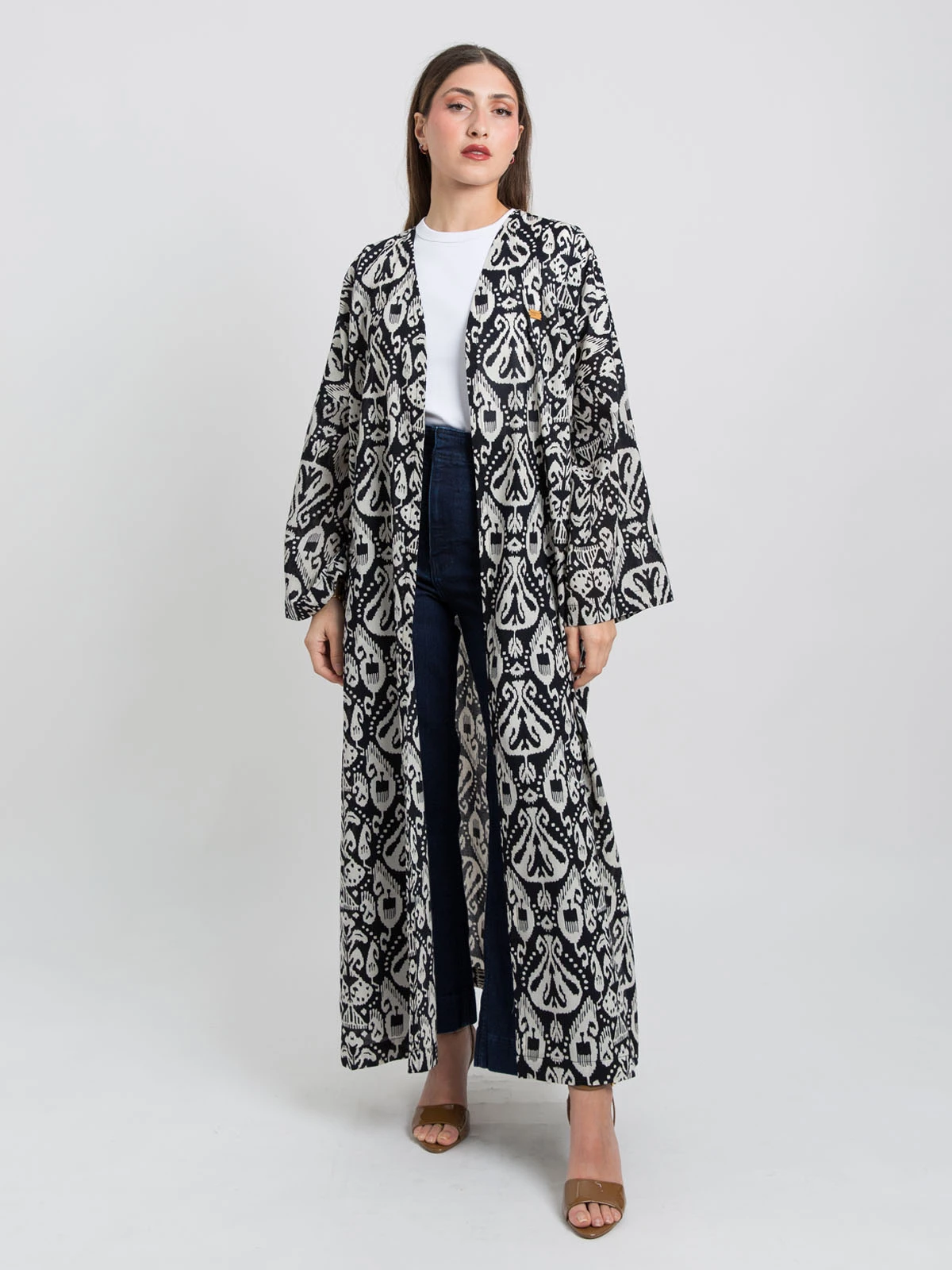 Black open long boho chrome prints bohemian abaya in 100% cotton fabric by kaafmeem for ramadan