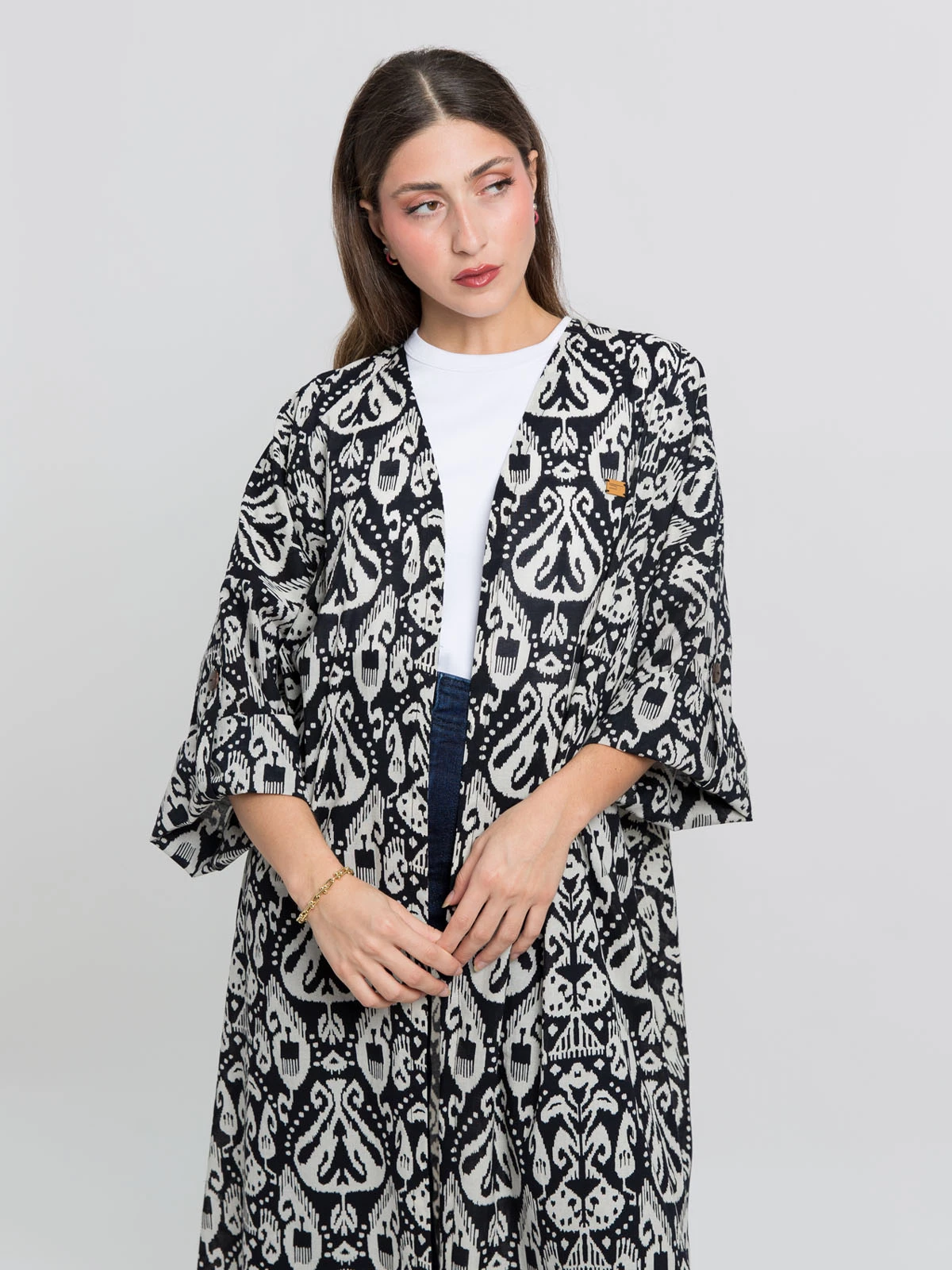 Black open long boho chrome prints bohemian abaya in 100% cotton fabric by kaafmeem for ramadan