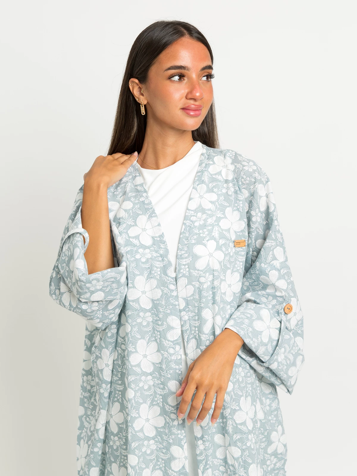 Pale blue bohemian open long fancy abaya in 100% cotton printed fabric by kaafmeem for events and occasions