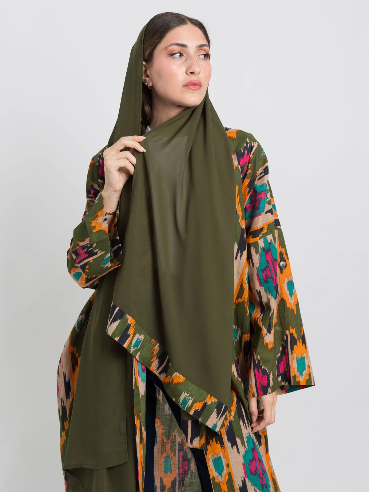 Green open long boho prints bohemian abaya in 100% cotton fabric by kaafmeem for ramadan