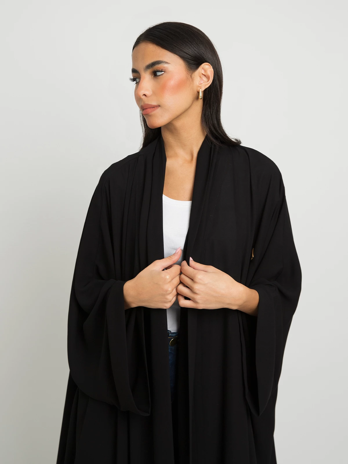 Black long collar flowstyle abaya in light chiffon fabric by kaafmeem summer abaya