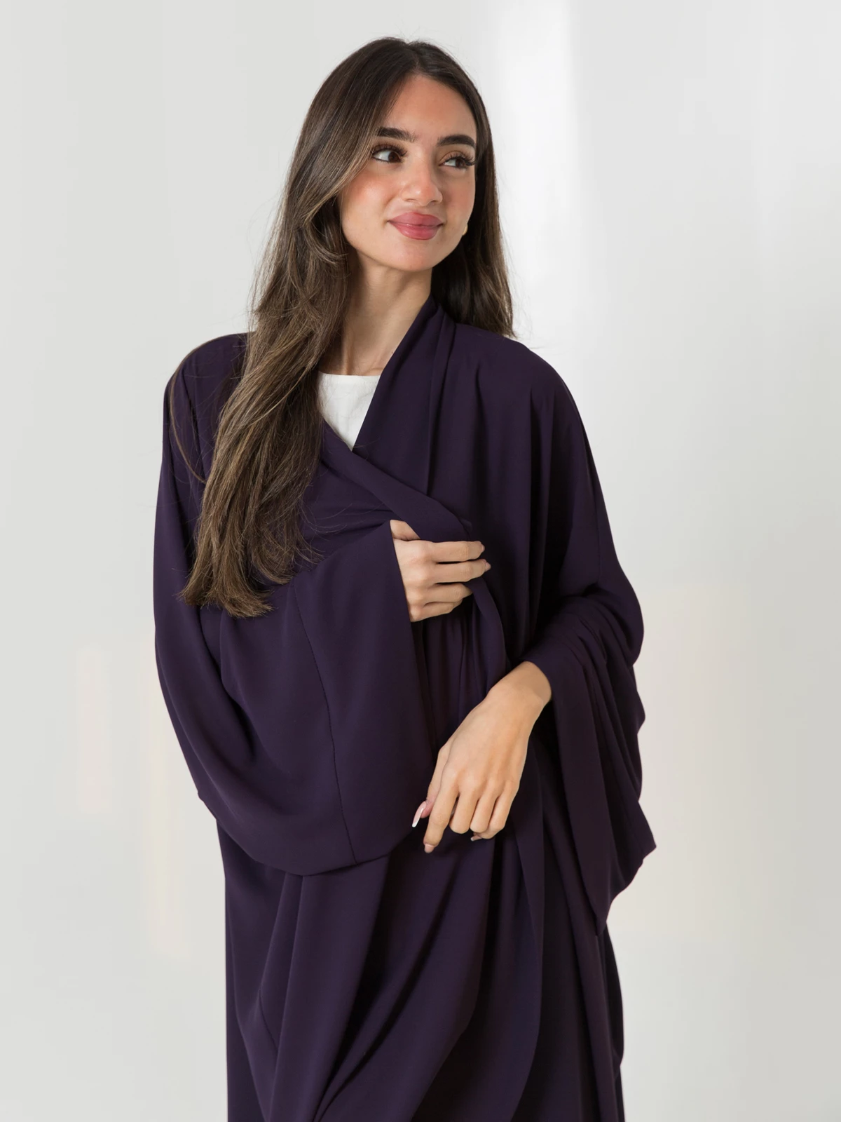 Black and gray open long elegant flowstyle abaya in crepe fabric by kaafmeem end of the year offers and sale