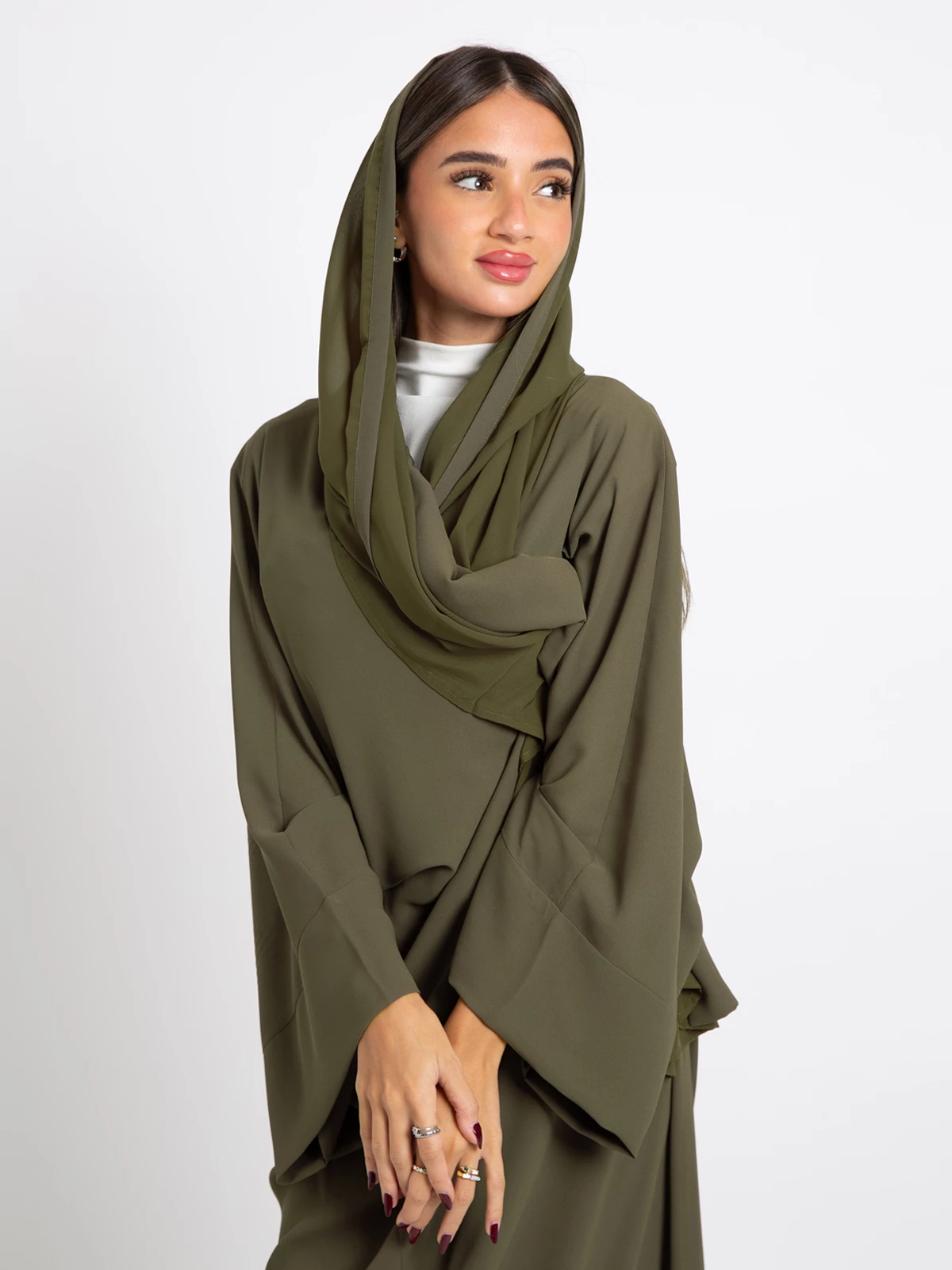 Olive open long elegant flowstyle abaya in georgette fabric by kaafmeem for events and occasions