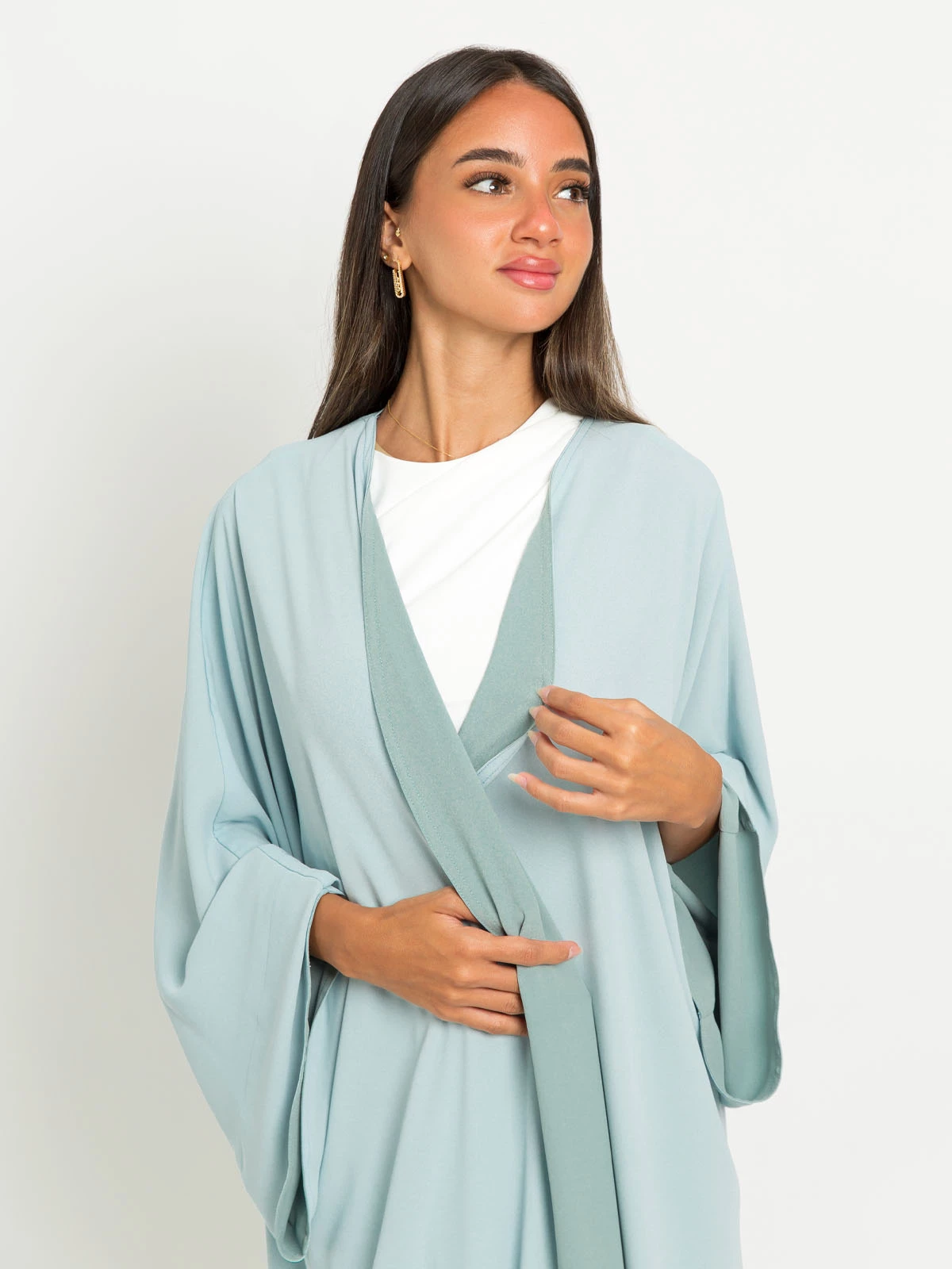 Green with blue open long flowstyle double face abaya in high quality fabric by kaafmeem for events and occasions