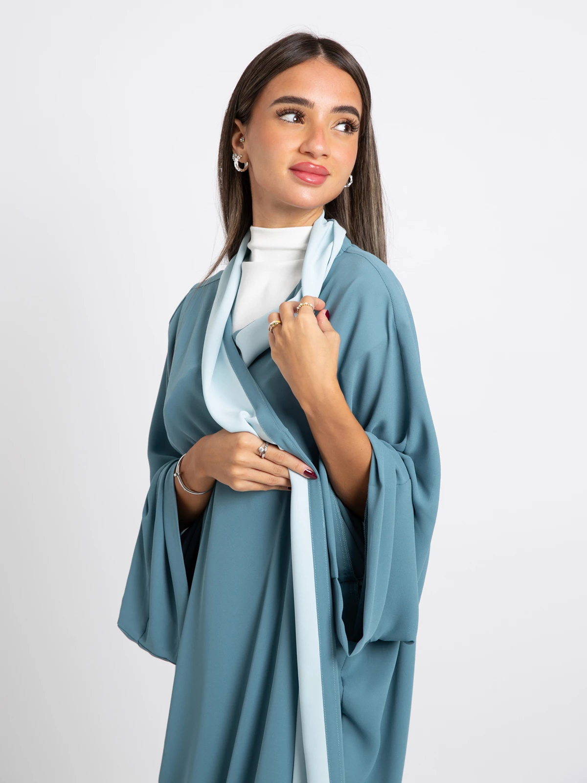 Blue with sky blue collar open long elegant flowstyle abaya in georgette fabric by kaafmeem 