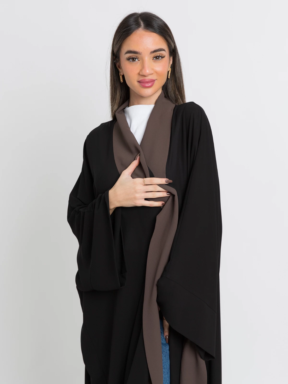 Black and brown open long elegant flowstyle abaya in crepe fabric by kaafmeem end of the year offers and sale