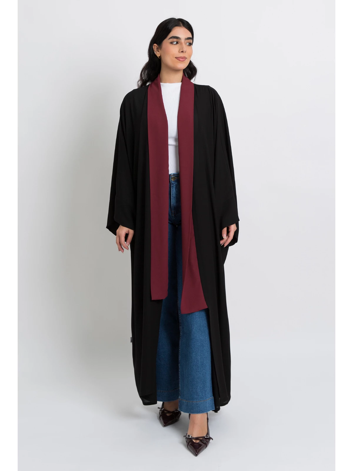 Black with maroon open long elegant flowstyle abaya in high quality fabric by kaafmeem black friday offers and sale