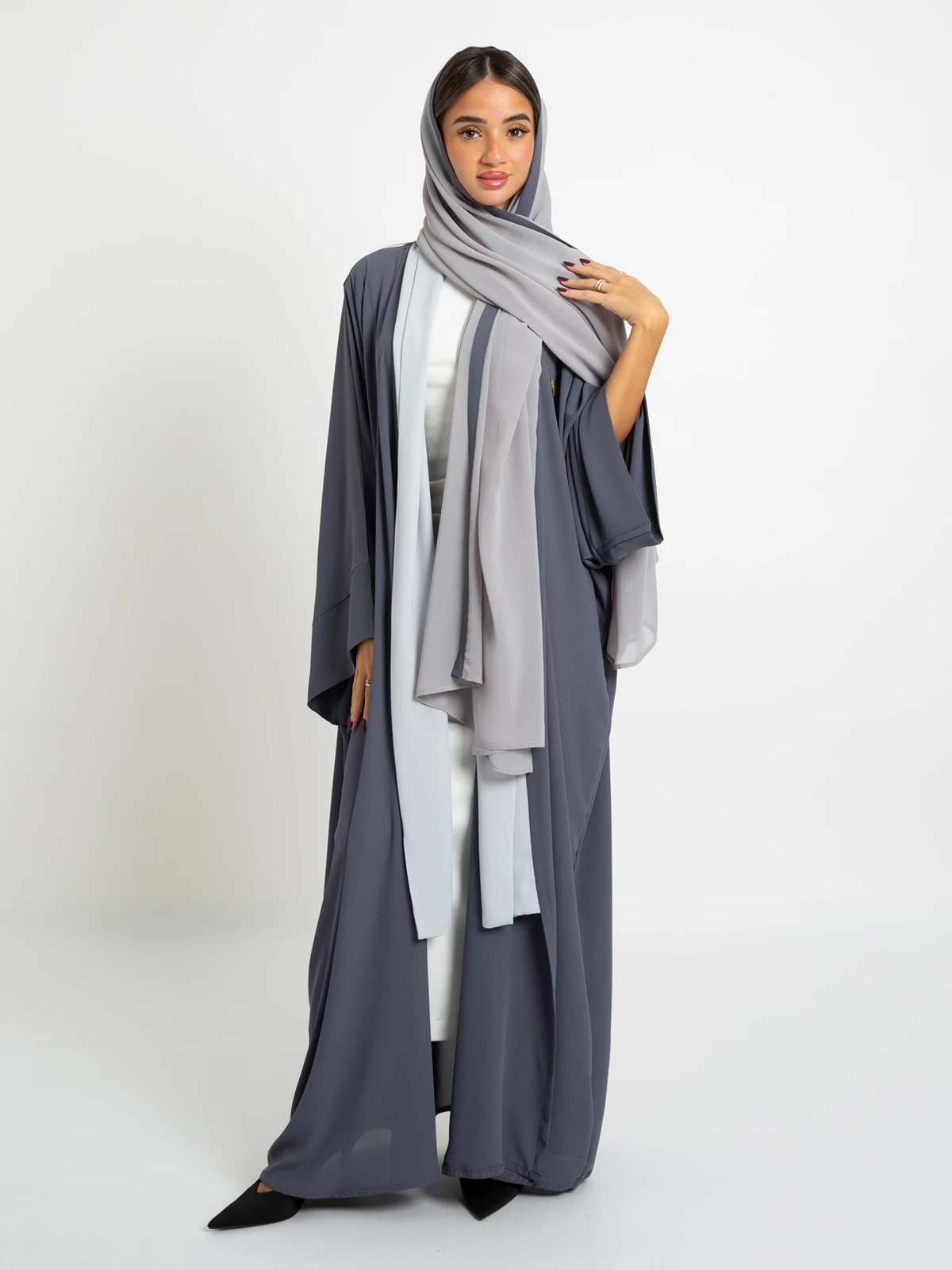 Gray with light gray collar open long elegant flowstyle abaya in georgette fabric by kaafmeem 