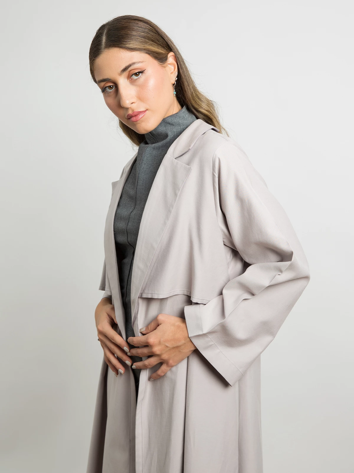 Lavender long open A cut trench coat winter abaya in soft and cupro fabric by kaafmeem for work and different occasions 