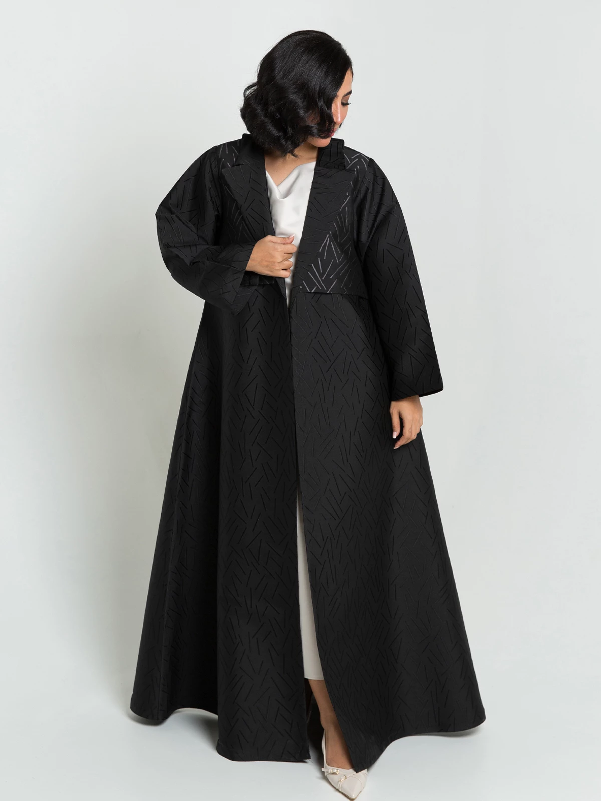 Black open long fancy trench abaya with gray embroidery in high quality jacquard fabric by kaafmeem for events and occasions