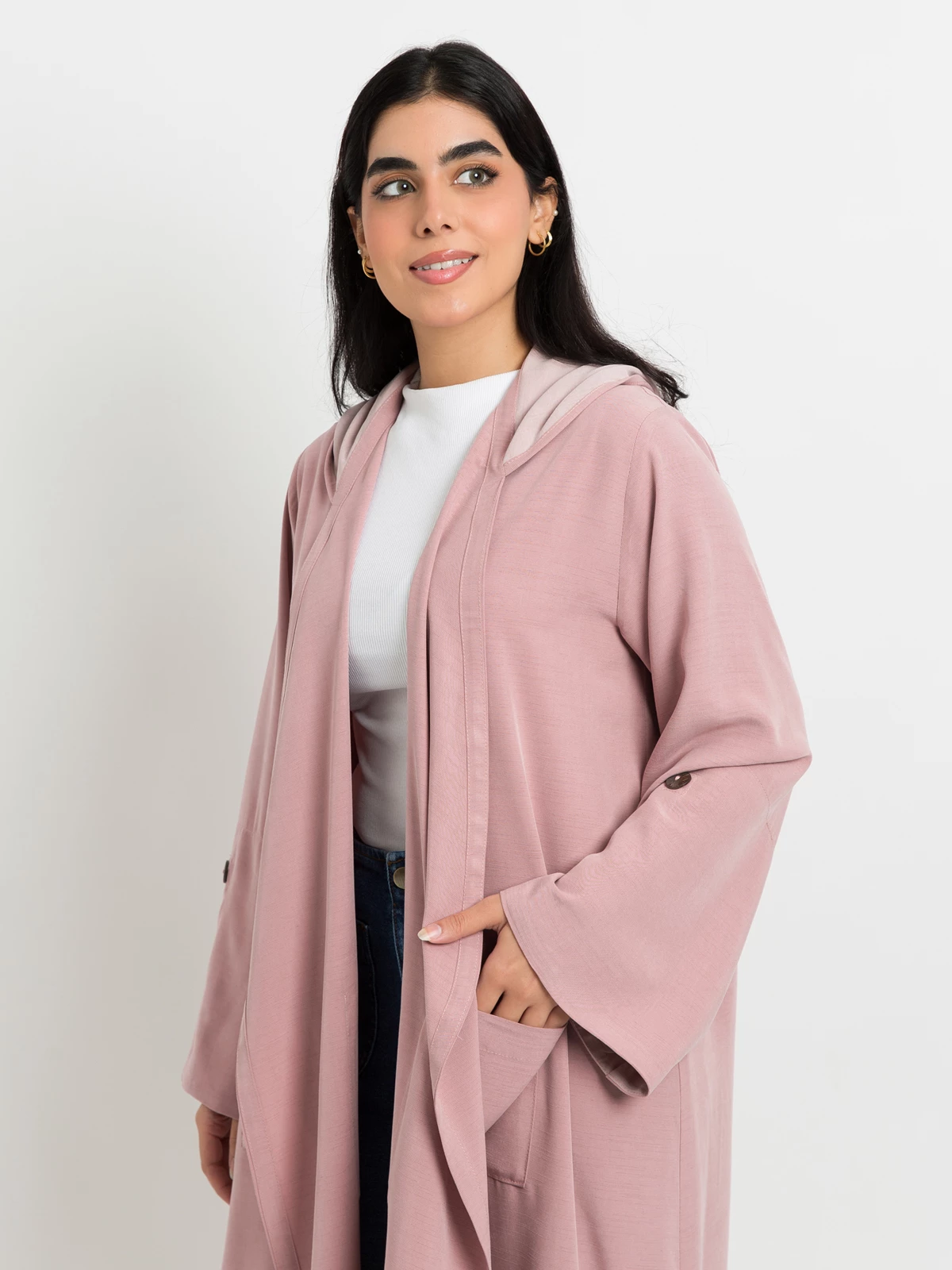 Rose casual hoodie abaya in washed linen fabric by kaafmeem black friday offers and sale