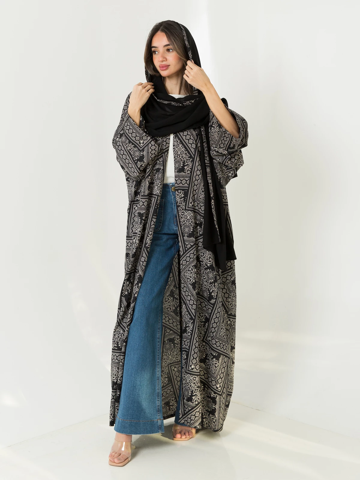 black open long bandana prints wide cut abaya in 100% cotton fabric by kaafmeem for ramadan