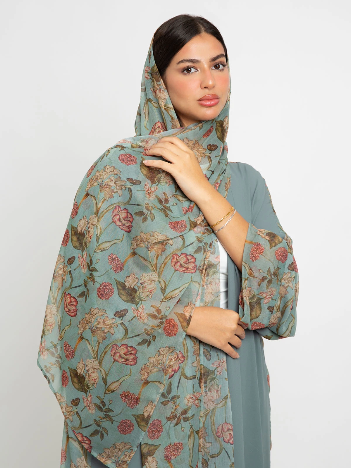 Light green printed wide cut open abaya in high quality chiffon fabric by kaafmeem for summer and eid 