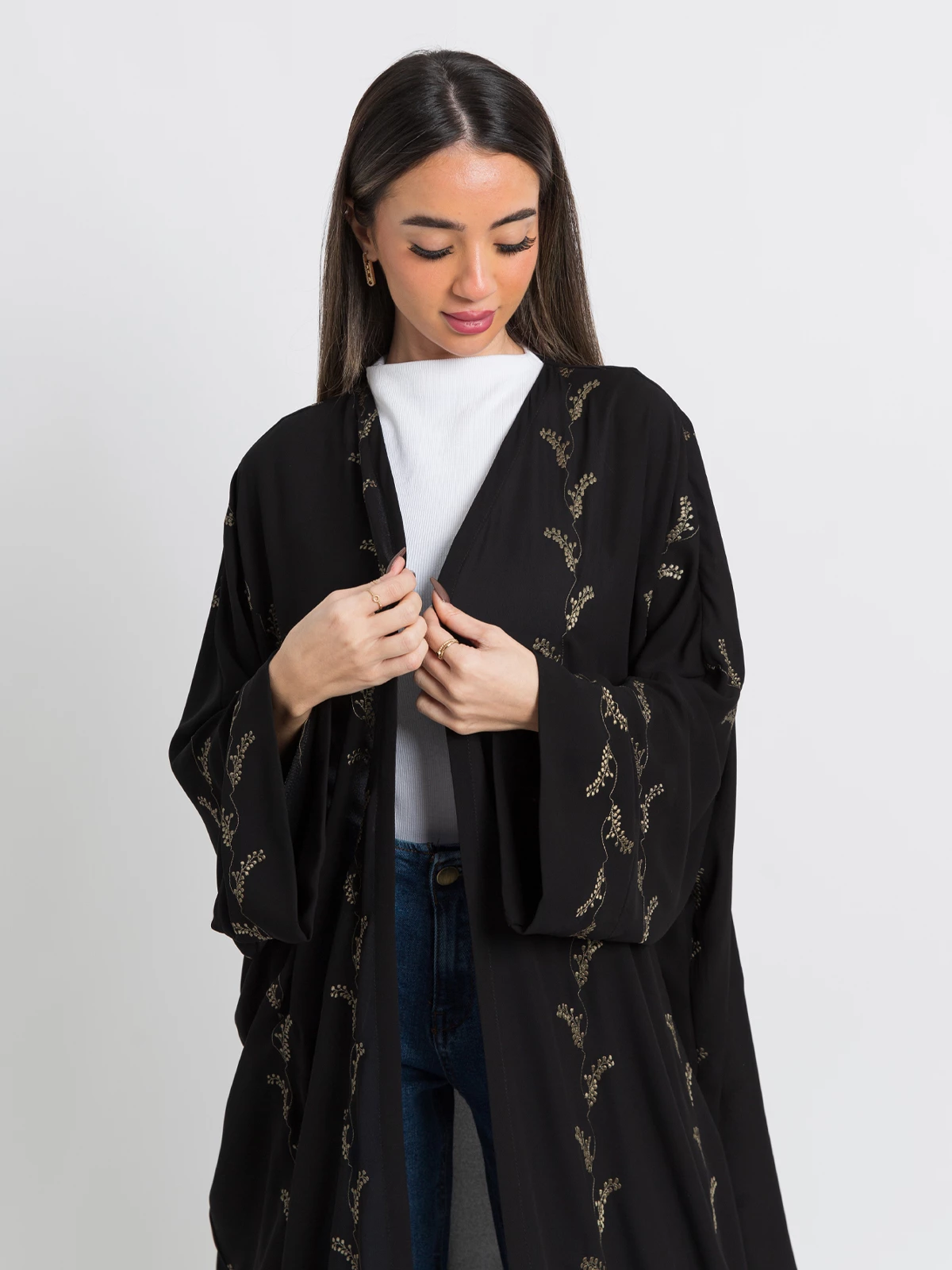 black open long fancy crepe abaya with blooms embroidery in high quality fabric by kaafmeem offers