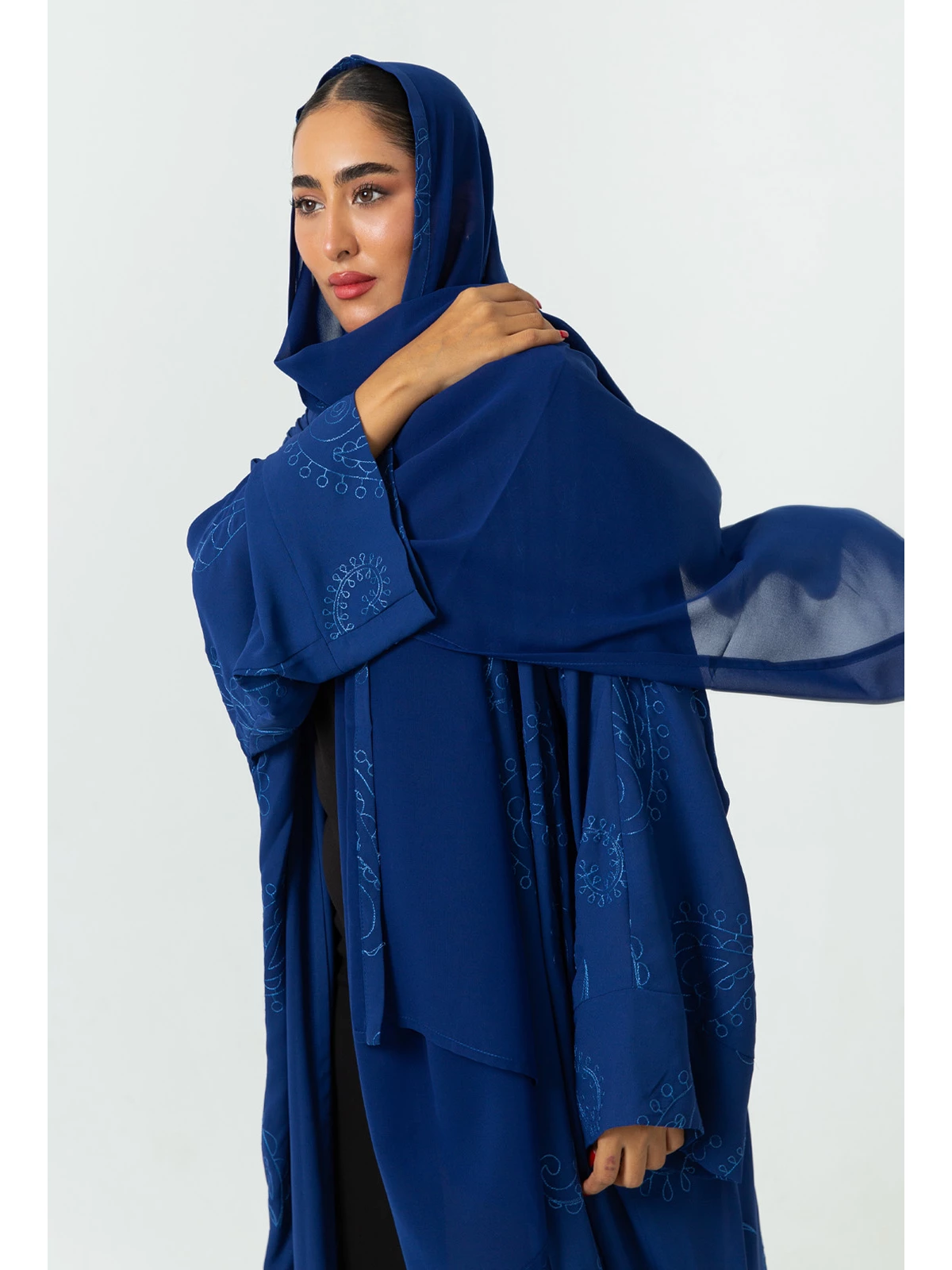 blue open long fancy crepe abaya with bandana embroidery in high quality fabric by kaafmeem black friday