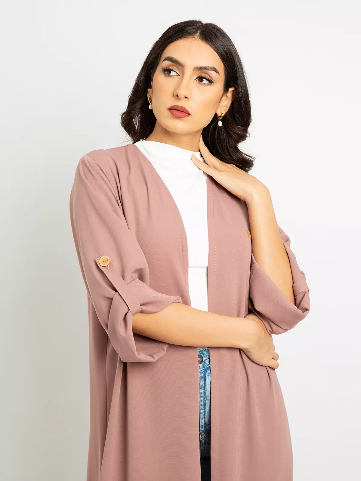 Latest Abayas, Clothing & Tarha Dusty Rose - Regular-fit Long Abaya with adjustable sleeves in Crepe Fabric Latest Abayas, Clothing & Tarha Dusty Rose - Regular-fit Long Abaya with adjustable sleeves in Crepe Fabric