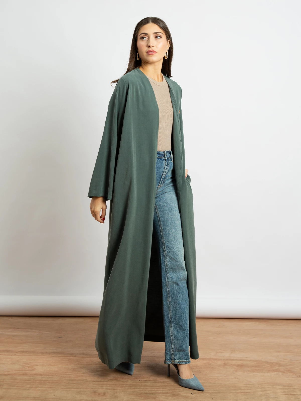 Washed linen long open regular fit abaya in pale green color from kaafmeem for work and everyday wear 