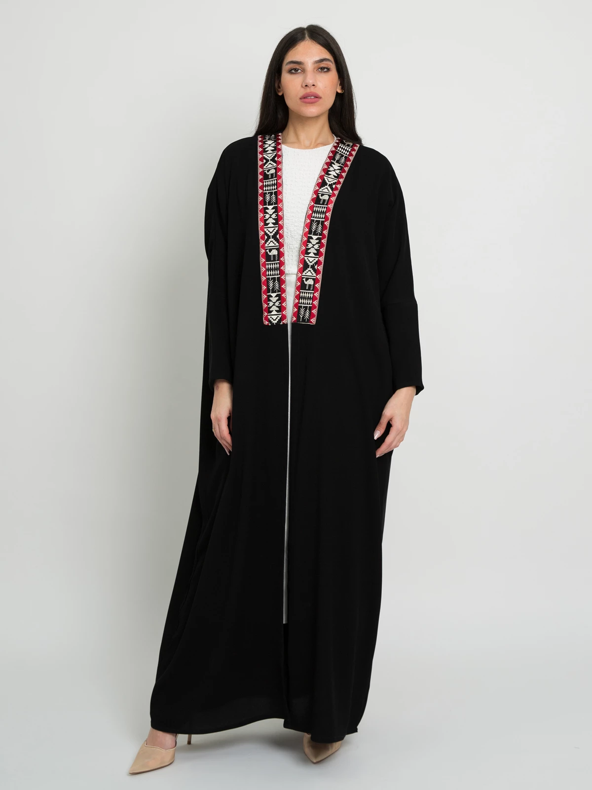Black long open half bisht fancy abaya with red camel kulfa in crepe fabric with matching hijab by kaafmeem