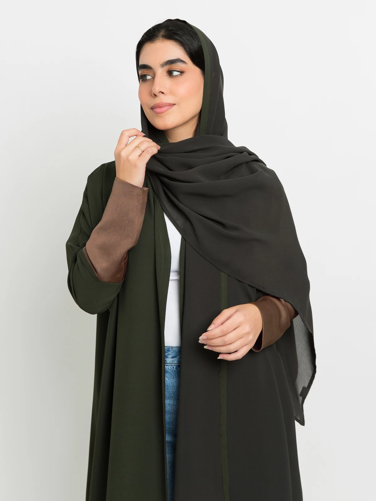 Glossy Olive Half Bisht Abaya