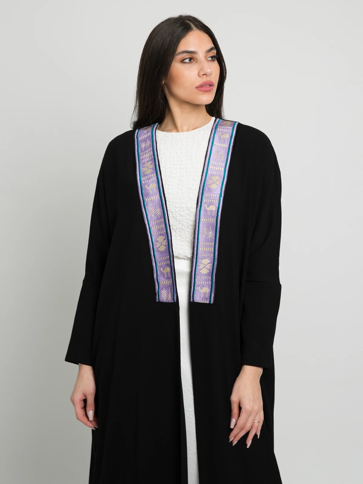 Black long open half bisht fancy abaya with mauve camel kulfa in crepe fabric with matching hijab by kaafmeem