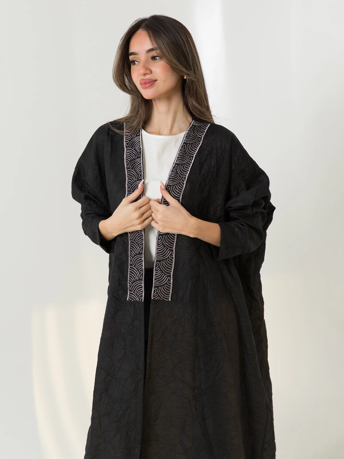 Black with lavender kulfa half bisht fancy linen open abaya in high quality fabric by kaafmeem
