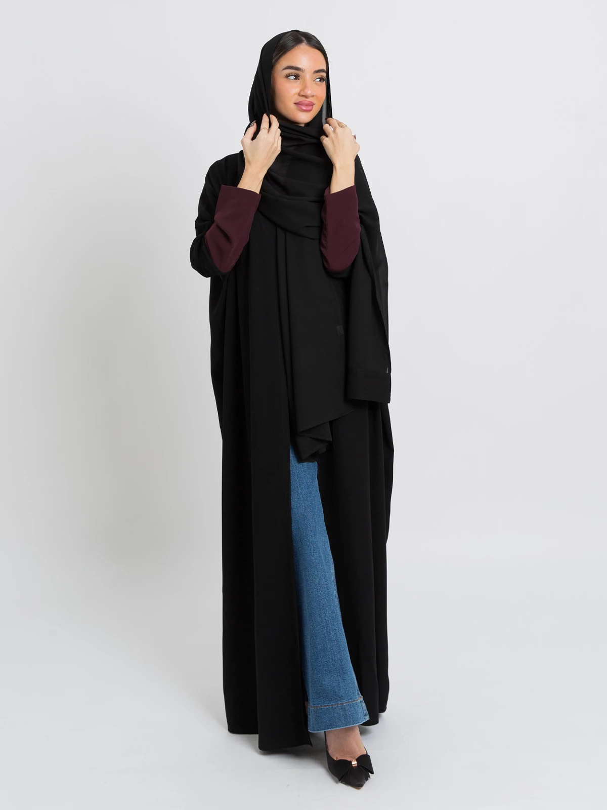 Black on Maroon Half Bisht Abaya